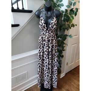 SHEIN Long Maxi Dress Womens Size 2 Black & Beige Leopard Plunge Neck Sleeveless